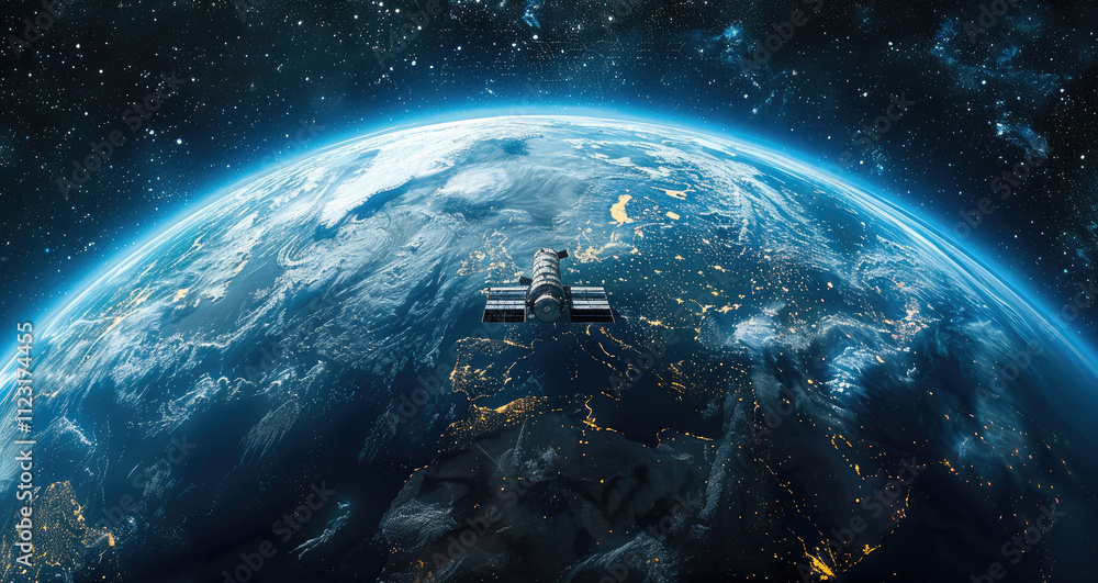 Poster a space station orbiting the earth, with a blue earth in the background and the surrounding space.