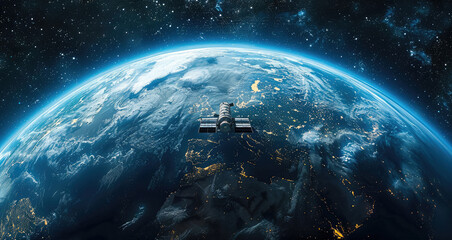 A space station orbiting the Earth, with a blue Earth in the background and the surrounding space.