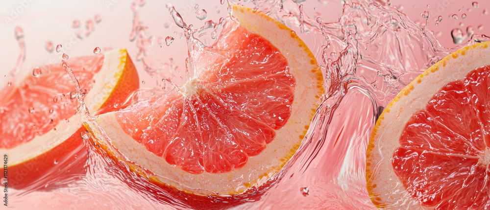 Poster fresh red grapefruit slices splashing in water, creating vibrant and refreshing scene