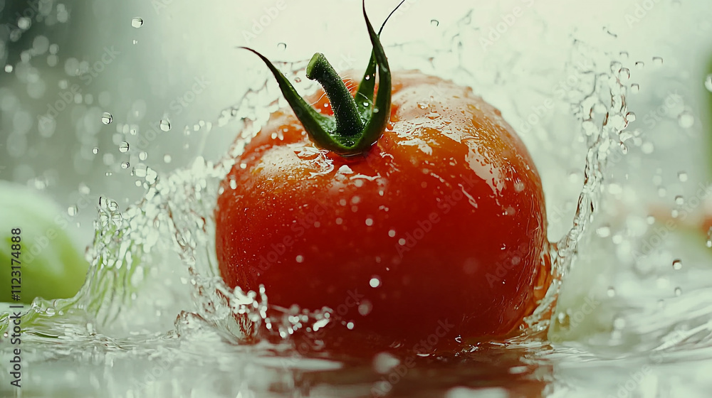Aufkleber fresh tomato splashes into water creating dynamic droplets on a bright background