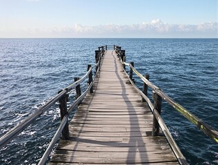 Fototapeta premium Aged wooden bridge with a view of the open sea, marine, marina, ancient, maritime culture, retro