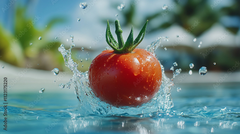 Poster tomato splashes into clear water creating ripples and bubbles in a tropical setting