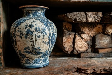 A decorative vase with floral patterns sits on a rustic wooden shelf beside stacked wood.