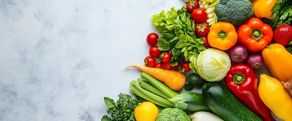 Fresh vegetables and fruits on marble background.