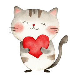 Simple watercolor cartoon illustration of a cat holding a red heart on a transparent background.