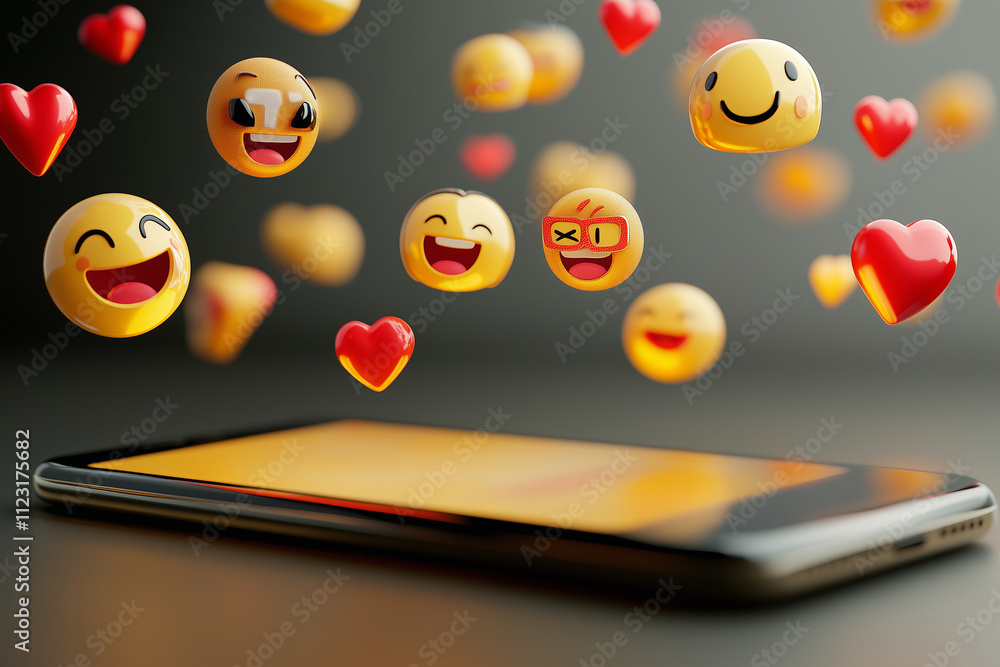 Poster a variety of 3d emojis floating around a phone. minimalist modern background with subtle shadows and