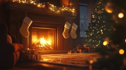 Obraz premium Cozy Christmas scene with a warmly lit fireplace, hanging stockings, and a glowing tree, evoking classic holiday charm,