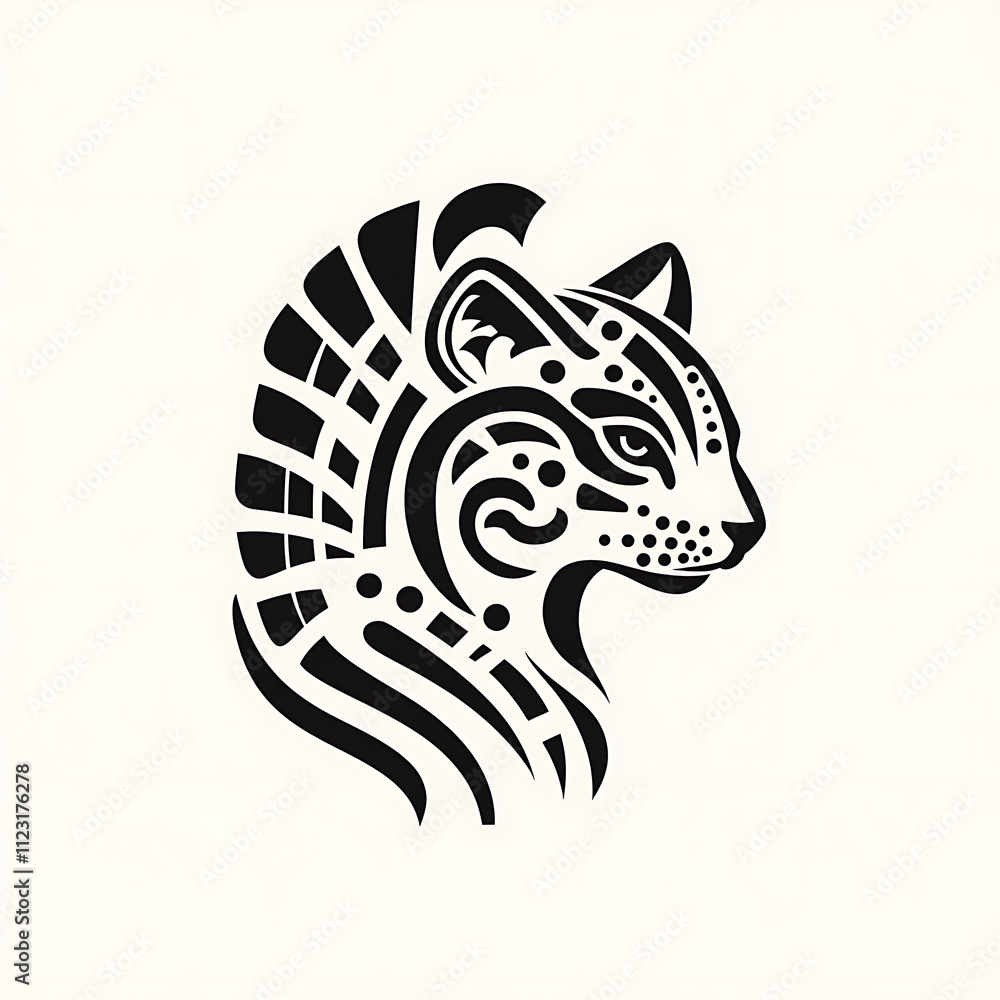 Poster stylized black cat silhouette with intricate line patterns and details