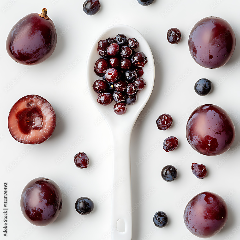Poster fresh grapes and plums arranged around white spoon filled with grape seeds, creating vibrant and col