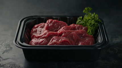 Freshly cut beef slices ready for cooking in a black container
