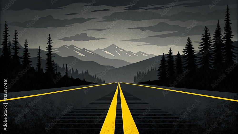 Poster a road with a mountain range in the background