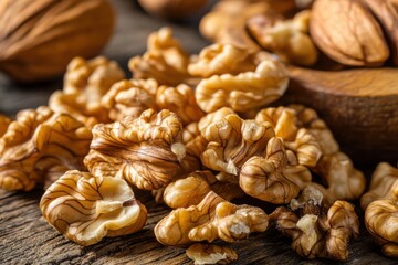 Obraz premium Delicious walnuts arranged beautifully on rustic wooden table with small wooden bowl
