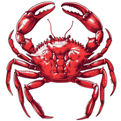 A vibrant red crab depicted in a detailed illustration against a white isolated background, showcasing its sharp claws and textured shell.