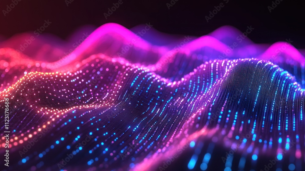 Poster digital network visualization with smooth flowing lines and luminous nodes, showcasing advanced tech