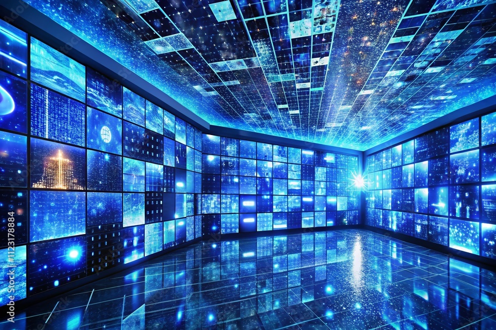 Poster virtual abstract fantasy cyber reality room with monitors displaying live digital data streams in bl
