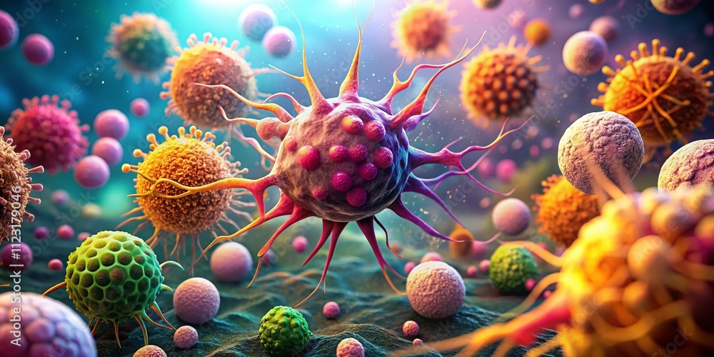 Poster visual representation of normal cells transitioning into malignant cancer cells during carcinogenesi