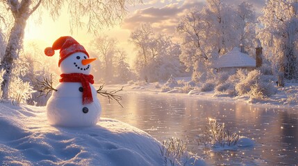 Fototapeta premium Cheerful Snowman Enjoying a Winter Wonderland Landscape Scene