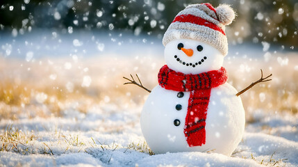 Fototapeta premium Playful snowman wearing a stylish hat and red scarf on a snowy field, ideal for festive Christmas and New Year greetings.4k image