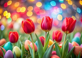 Obraz premium Vivid Red Tulips Surrounded by Colorful Easter Eggs in a Spring Landscape with Long Exposure Technique for a Dreamy Effect