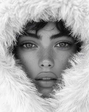 Captivating portrait of a woman enveloped in luxurious white fur, emphasizing elegance and sophistication. Her serene expression and captivating eyes create an aura of mystery and allure.