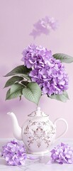 Obraz premium Artistic rendering of purple hydrangeas in a ceramic teapot, purple, isolated, artistic, white background, rendering