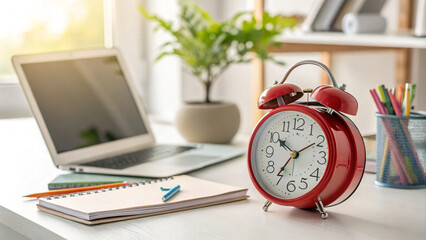 Red Alarm Clock on a Desk with Laptop and Notebook