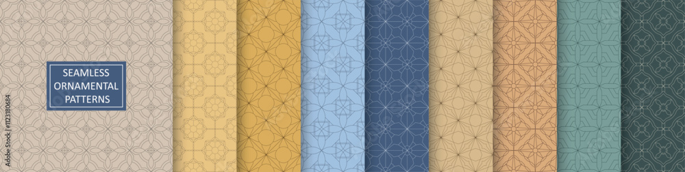 Poster collection of ornamental vector seamless patterns. tile color geometric oriental repeatable backgrou