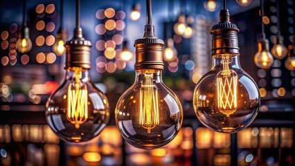 Obraz premium Warmly Glowing Vintage Light Bulbs with Copper Accents Against a Dark Background for Atmospheric Urban Exploration Photography