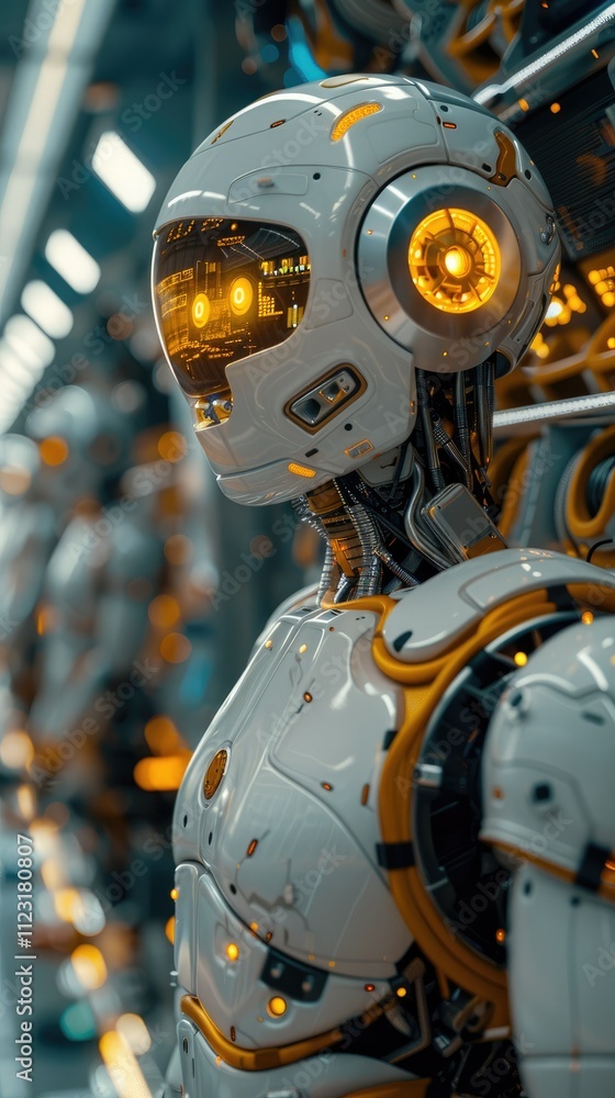 Poster close-up of a futuristic robot's head and torso, showcasing its intricate design and glowing compone