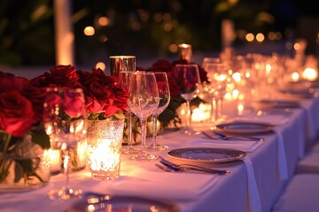 A candlelit dinner setup with red roses and elegant wine glasses on a white tablecloth