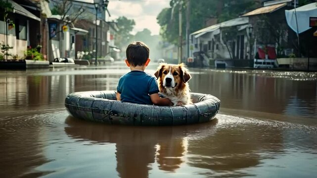 A child and dog float on a tube in a flooded street. The image captures a moment of calm during an unusual urban water inundation.