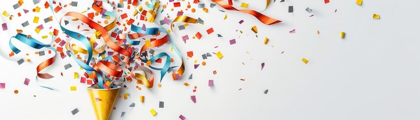 A vibrant party popper releases colorful confetti and streamers against a white background, symbolizing celebration and festive joy. 