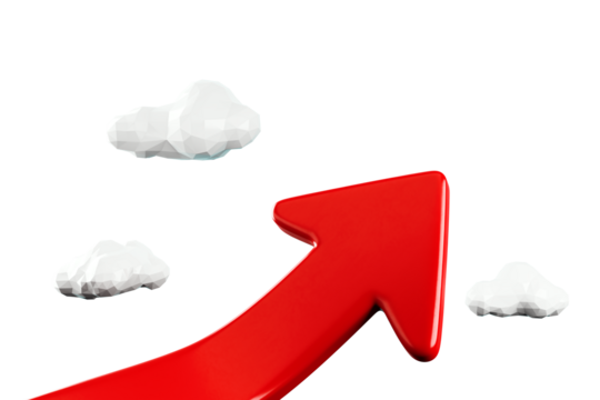 A red upward arrow pointing toward white polygonal clouds on a clean white background, representing growth or success, 3D Rendering
