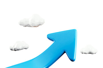 Blue upward arrow with polygonal clouds, isolated graphic style, white background. Concept of...