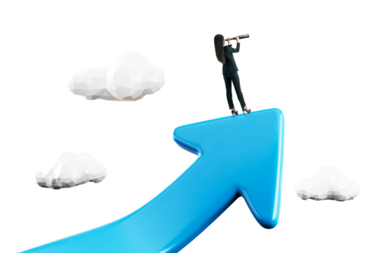 Businesswoman on arrow pointing upward, holding telescope, polygonal clouds, white background, concept of growth, vision, success