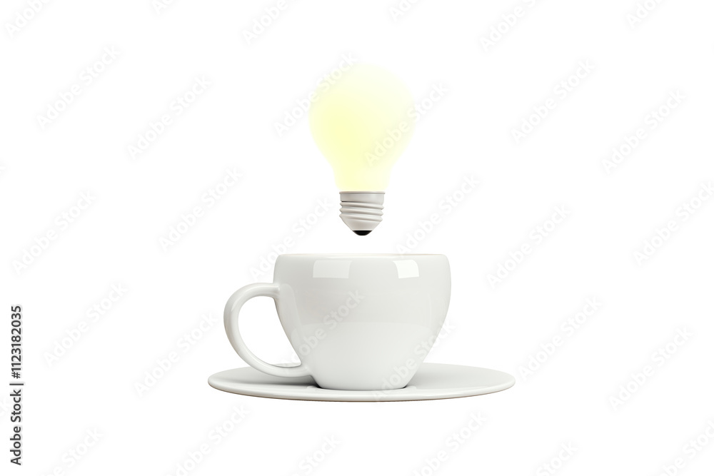 Poster coffee cup with saucer and glowing lightbulb hovering above, isolated on white background. concept o