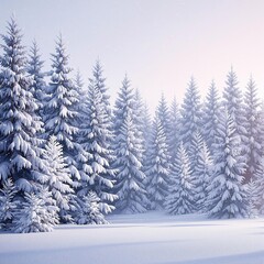 Fototapeta premium A serene winter forest with tall trees covered in snow and a sparkling mist, , frozen wilderness, frosty woods