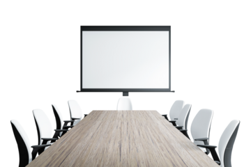 Conference room setup with a wooden desk, white chairs, and blank presentation screen, isolated on a white background, concept of work. 3D Rendering.