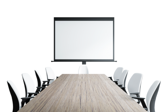 Conference room setup with a wooden desk, white chairs, and blank presentation screen, isolated on a white background, concept of work. 3D Rendering.
