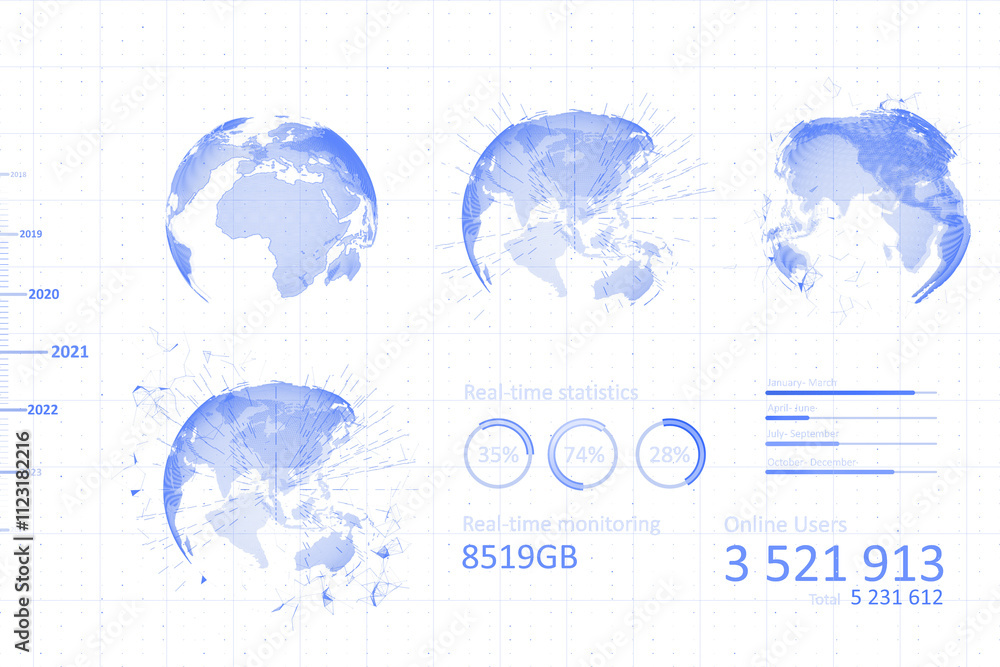 Poster Abstract digital globe with blue data points, futuristic timeline, and metrics on a white background. Concept of global monitoring interface. 3D Rendering.