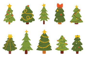 Fototapeta premium Set of Christmas trees with different decorations. Evergreen forest. Holiday design for cards, banners, packaging and textiles. Traditional symbol of Christmas and New Year. Vector illustration.