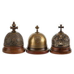 Three Antique Brass Bells with Intricate Designs on Transparent Background