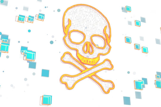 Skull and crossbones made of binary code surrounded by floating squares, white background, digital concept of cybersecurity and malware. 3D Rendering.