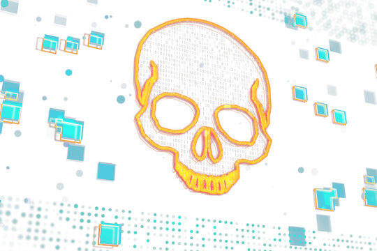 Digital skull icon in binary code with orange highlights, abstract blue squares on white background, symbolizing hacking and cybersecurity. 3D Rendering.