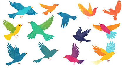 Fototapeta premium A set of colorful flying birds in vector style on a white background, with a flat design