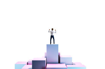 A man standing on vibrant stacked blocks, arms raised in victory, isolated on a white backdrop....