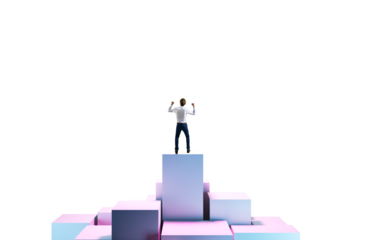 A man standing on vibrant stacked blocks, arms raised in victory, isolated on a white backdrop. Concept of achievement and success