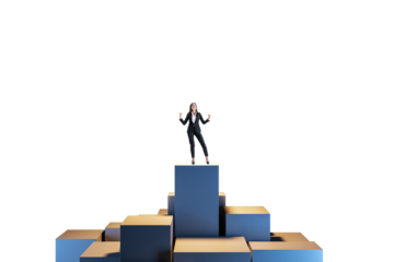 Woman in a business suit standing confidently on blue and gold blocks, isolated on a white background, symbolizing success and leadership