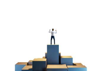 Man standing on stacked cubes with raised arms, isolated on a white background, symbolizing success, achievement, and leadership