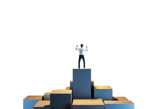Man standing on stacked cubes with raised arms, isolated on a white background, symbolizing success, achievement, and leadership